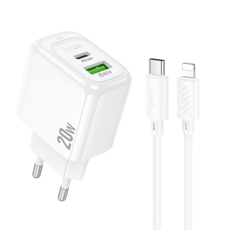 Мережевий зарядний пристрій HOCO CS54A TYPE-C PD 20W / USB QC 3.0 + кабель TYPE-C - LIGHTNING, білий