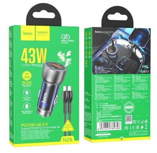 Автомобільний зарядний пристрій HOCO NZ8 43W TYPE-C / USB QC 3.0 + КАБЕЛЬ TYPE-C - LIGHTNING, СИНIЙ