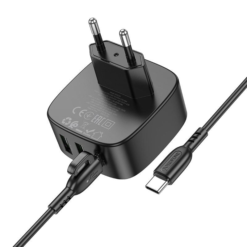 Мережевий зарядний пристрій Borofone BAS23A Type-C PD 30W 2*USB + кабель Type-C - Type-C, чорний