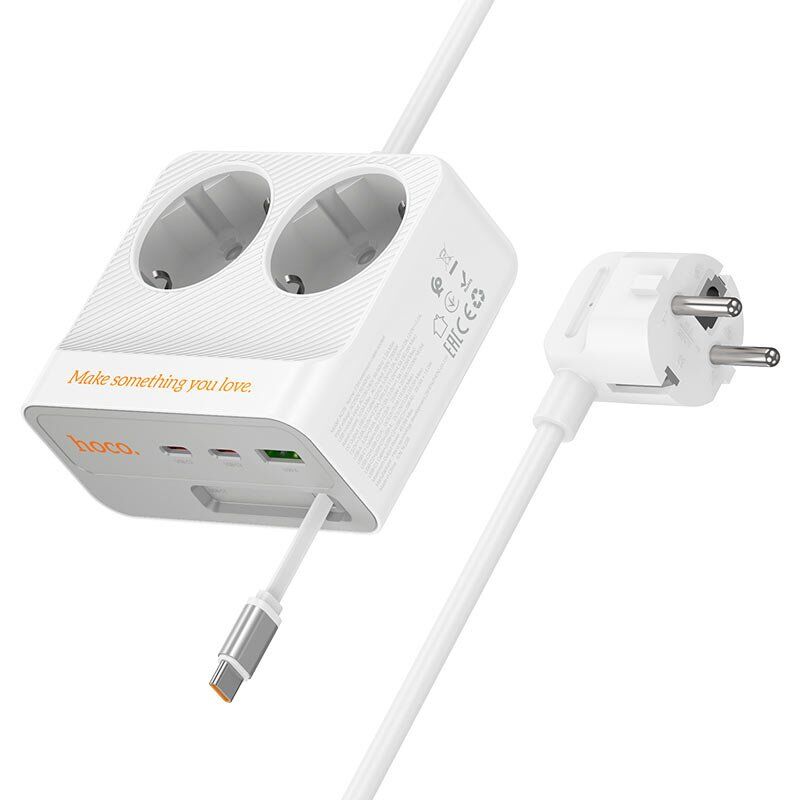 Мережевий подовжувач Hoco AC28 PD 45W USB QC3.0 + 3*Type-C + 2*Розетки 2.00 метра, білий