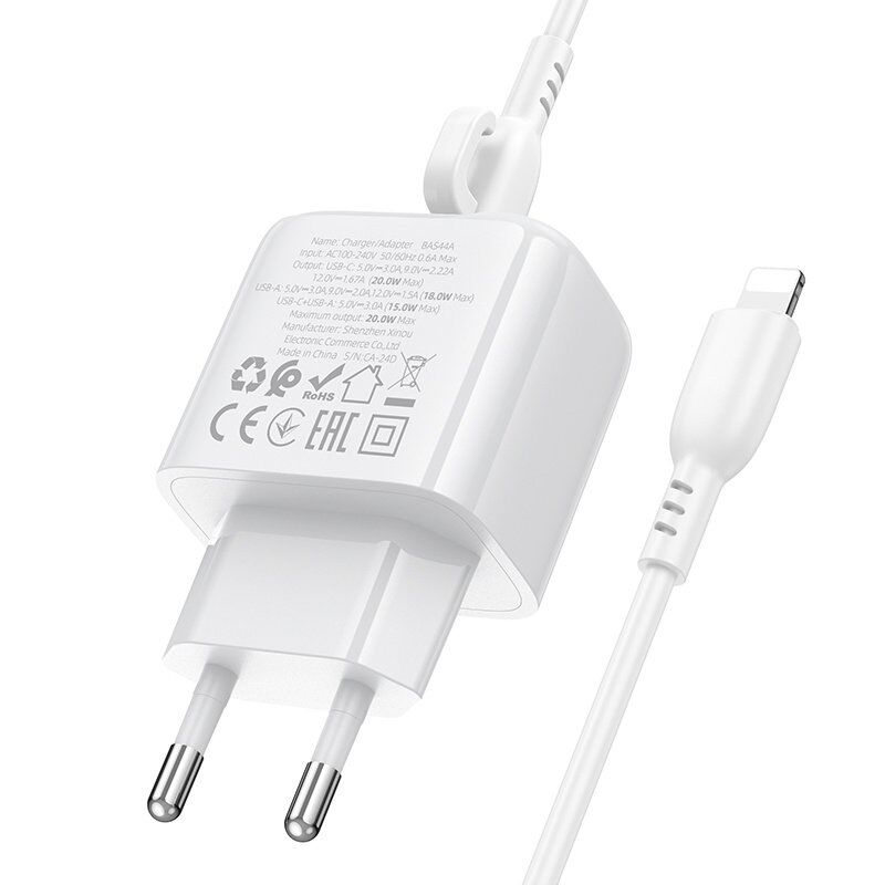 Мережевий зарядний пристрій Borofone BAS44A Type-C PD 20W + USB QC3.0 + кабель Type-C - Lightning, білий