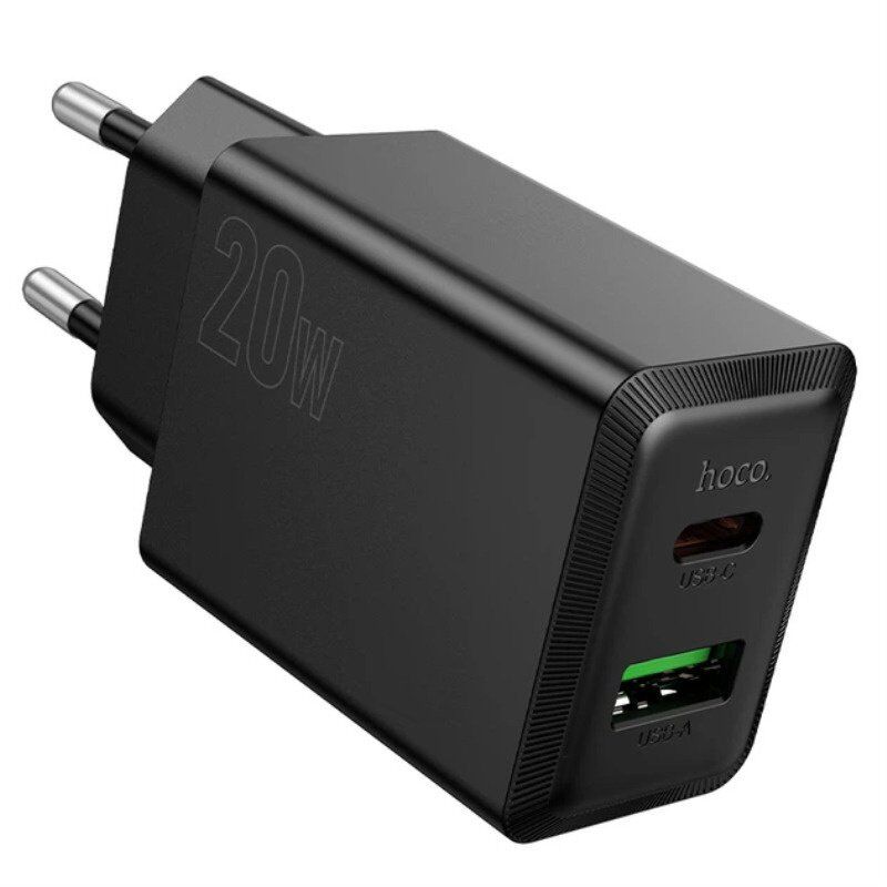 Зарядний пристрій HOCO N69 Nuevo, PD20W + QC3.0, два порти (USB-C + USB-A), EU-вилка, чорний