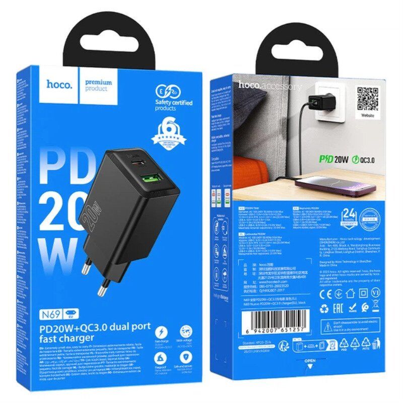 Зарядний пристрій HOCO N69 Nuevo, PD20W + QC3.0, два порти (USB-C + USB-A), EU-вилка, чорний