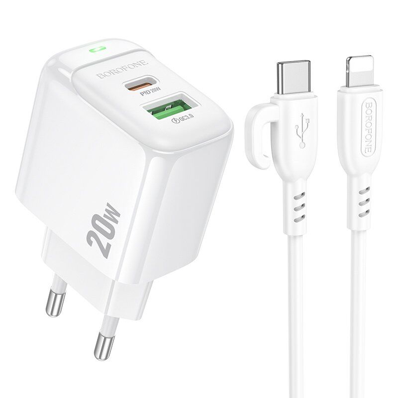 Мережевий зарядний пристрій BOROFONE BAS44A TYPE-C PD 20W / USB QC3.0 + кабель TYPE-C - LIGHTNING, білий