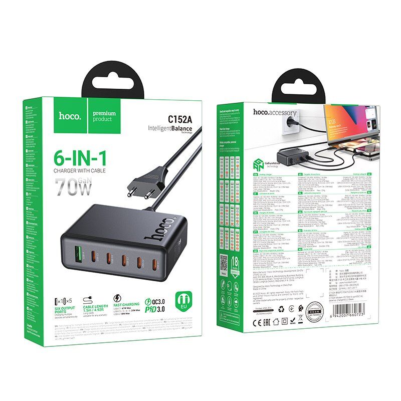 Сетевое зарядное устройство HOCO C152A PD 70W 5*TYPE-C + QC3.0, чёрный