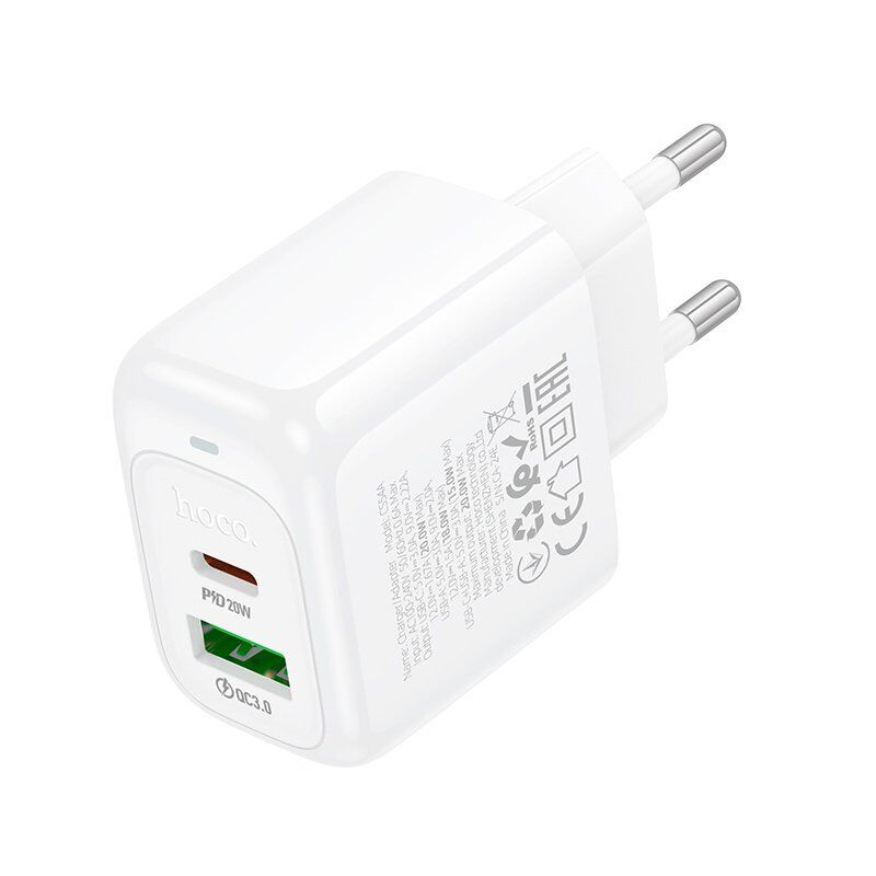 Мережевий зарядний пристрій HOCO CS54A TYPE-C PD 20W + USB QC 3.0, білий