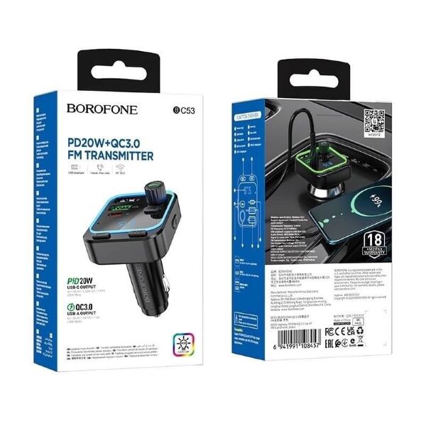 FM Модулятор BOROFONE BC53 з підтримкою швидкого заряджання QC3.0  Bluetooth / гучномовець