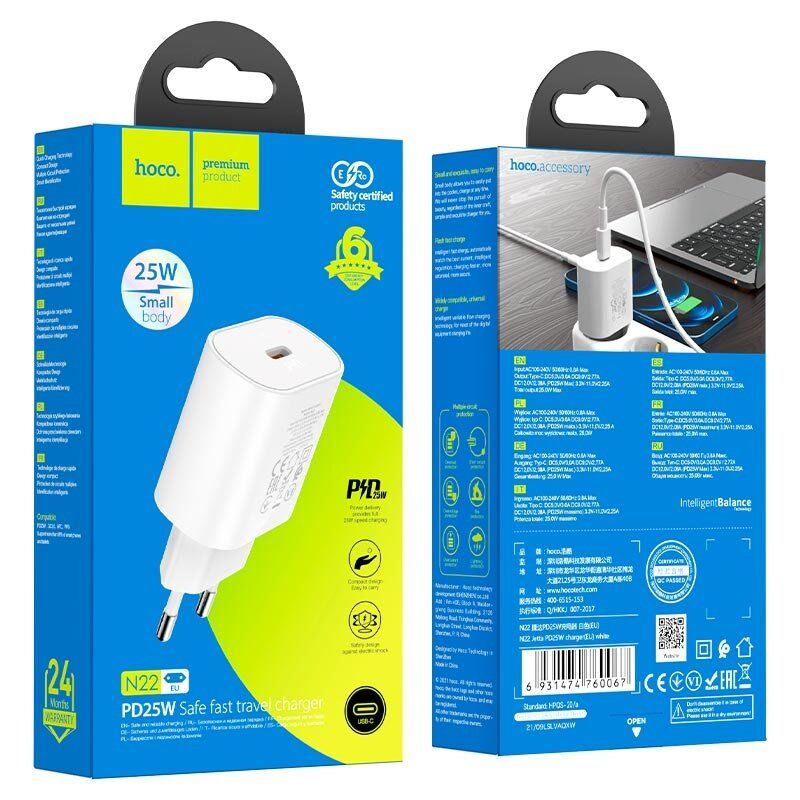 Сетевое зарядное устройство HOCO N22 Jetta Type-C PD 25W без кабеля, белое