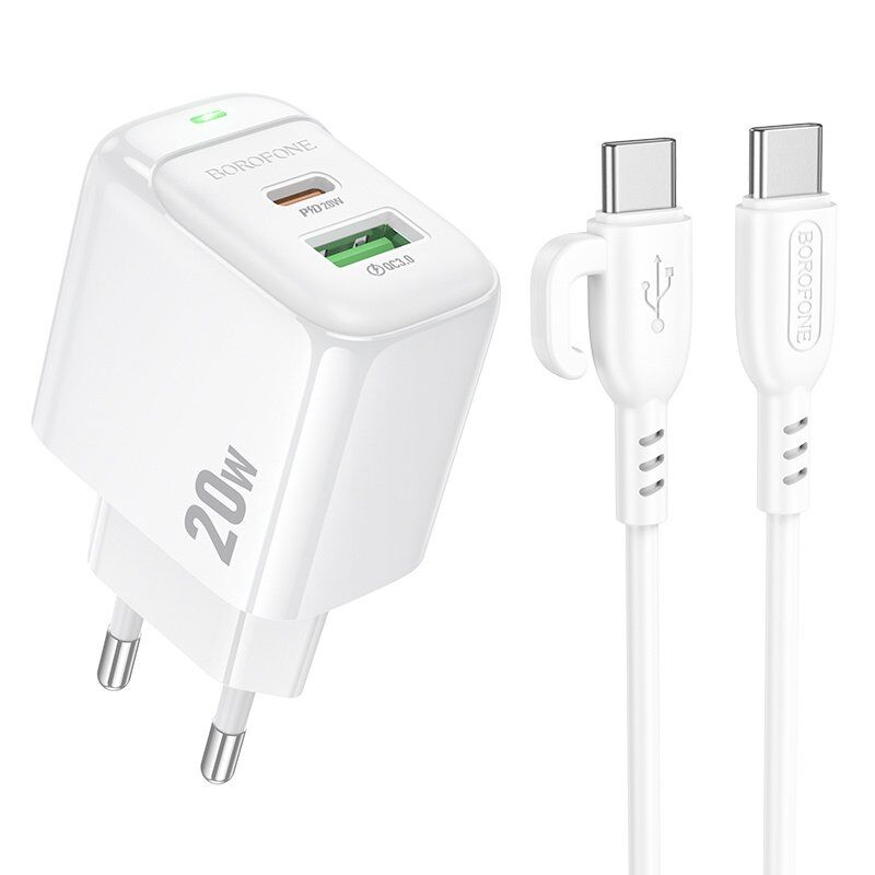Мережевий зарядний пристрій BOROFONE BAS44A TYPE-C PD 20W / USB QC3.0 + кабель TYPE-C - TYPE-C, білий