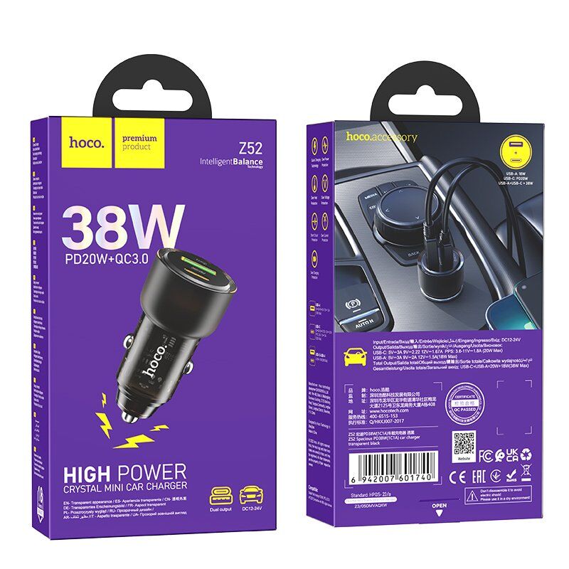 Автомобільний зарядний пристрій HOCO Z52 Type-C PD 38W + USB QC3.0, чорний