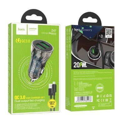 Автомобільний зарядний пристрій HOCO Z47 20W 2 USB QC 3.0 + КАБЕЛЬ USB - MICRO, чорний