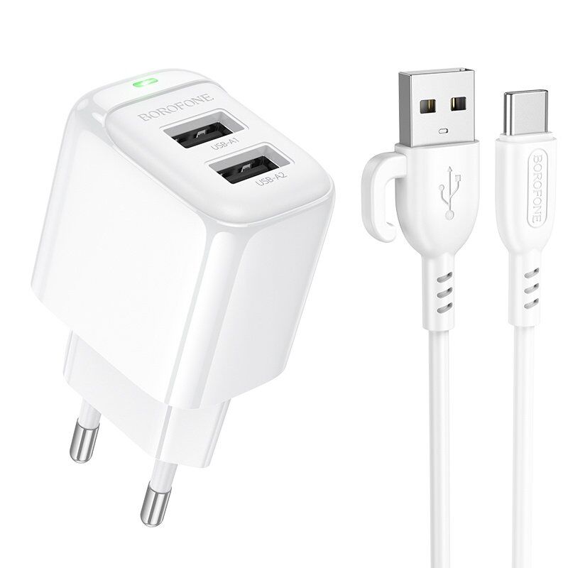 Мережевий зарядний пристрій Borofone BAS41A 2*USB 2,4A + кабель USB - Type-C, білий