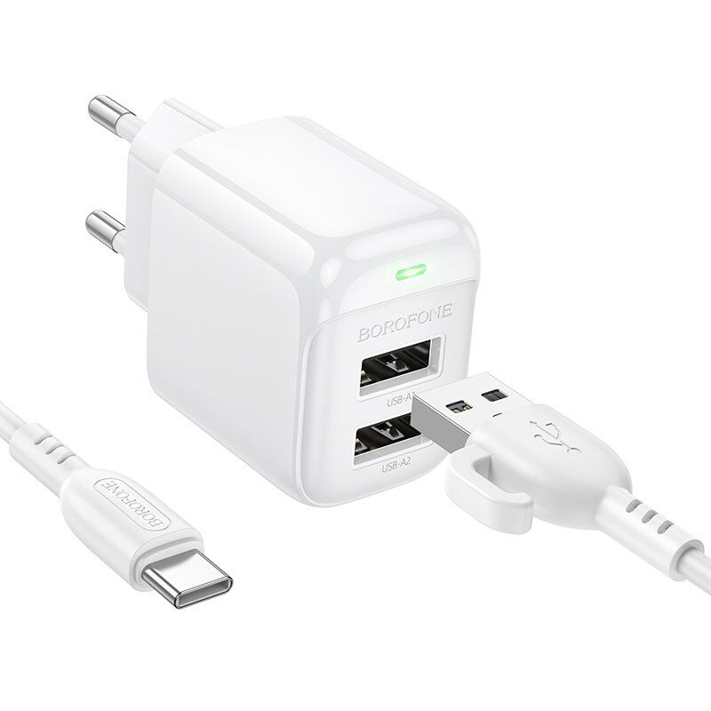 Мережевий зарядний пристрій Borofone BAS41A 2*USB 2,4A + кабель USB - Type-C, білий