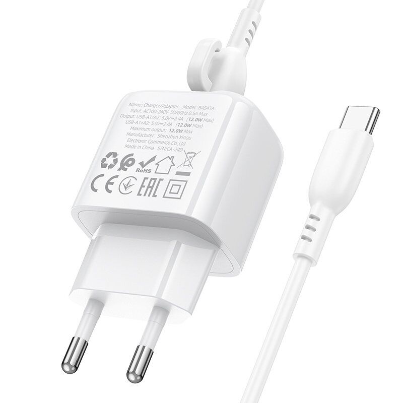 Мережевий зарядний пристрій Borofone BAS41A 2*USB 2,4A + кабель USB - Type-C, білий