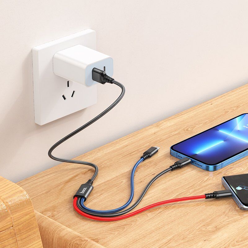 USB КАБЕЛЬ HOCO X76 3в1: Lightning/Micro/Type-C, black/red/blue