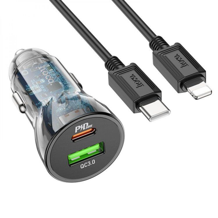 Автомобільний зарядний пристрій HOCO Z47A PD 30W TYPE-C / USB QC 3.0 + КАБЕЛЬ TYPE-C - LIGHTNING, чорний