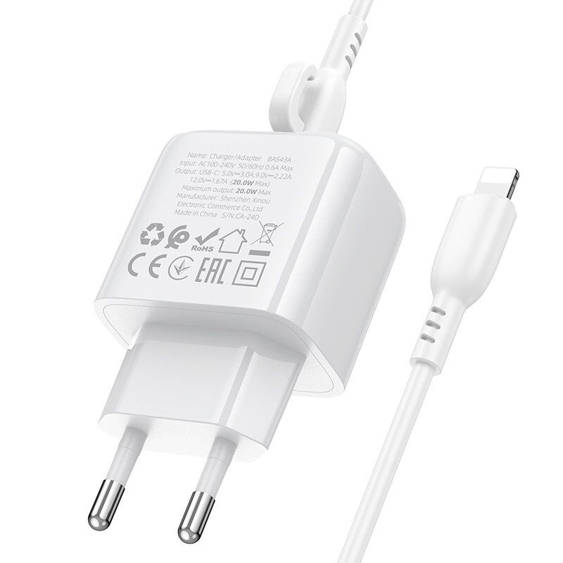Мережевий зарядний пристрій BOROFONE BAS43A TYPE-C PD 20W + кабель TYPE-C - LIGHTNING, білий