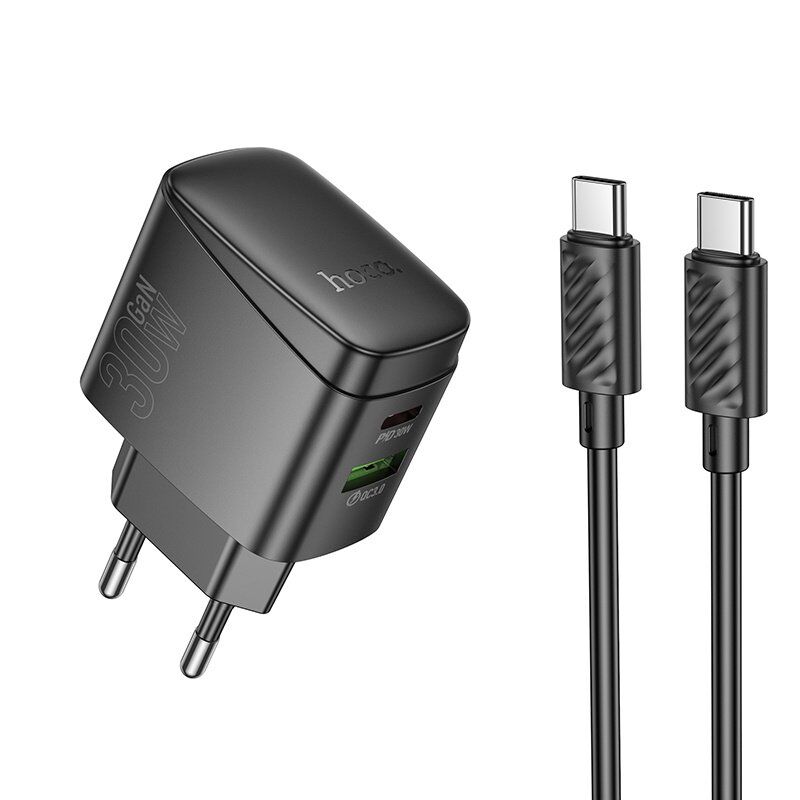 Мережевий зарядний пристрій HOCO CS61A TYPE-C PD 30W + USB QC 3.0 + КАБЕЛЬ TYPE-C - TYPE-C, чорний