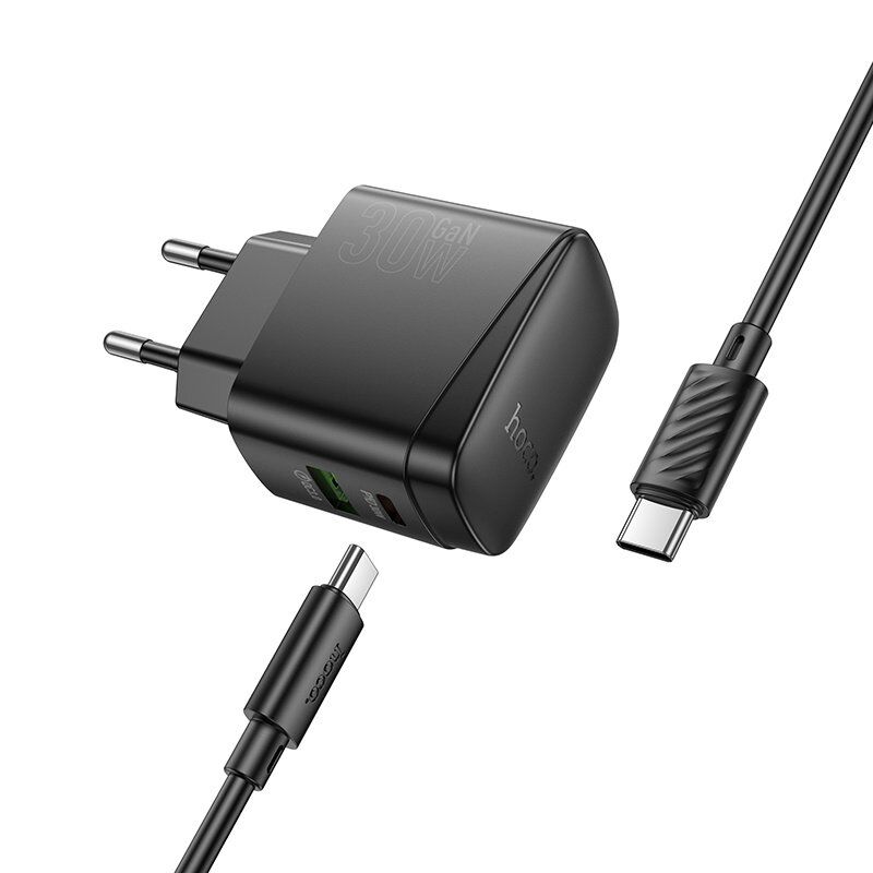 Мережевий зарядний пристрій HOCO CS61A TYPE-C PD 30W + USB QC 3.0 + КАБЕЛЬ TYPE-C - TYPE-C, чорний