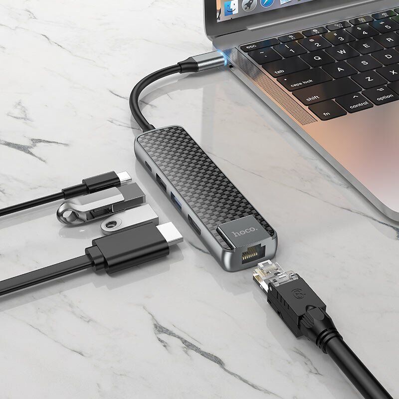 Адаптер HOCO HB23 Type-C 5В1 (HDMI, USB 3.0 та USB 2.0, RJ45 Ethernet, USB Type-C), 13,5см, сірий