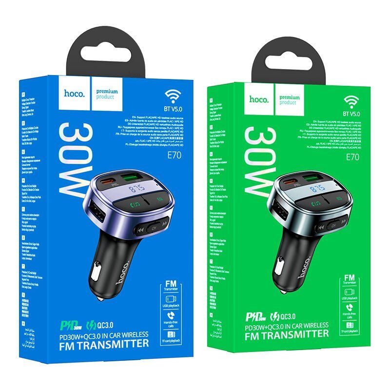 FM трансмітер HOCO E70 Bluetooth з швидкою зарядкою USB-C PD 30W + 1USB QC3.0 18W + 1USB FLASH з гучним зв'язком, magic night