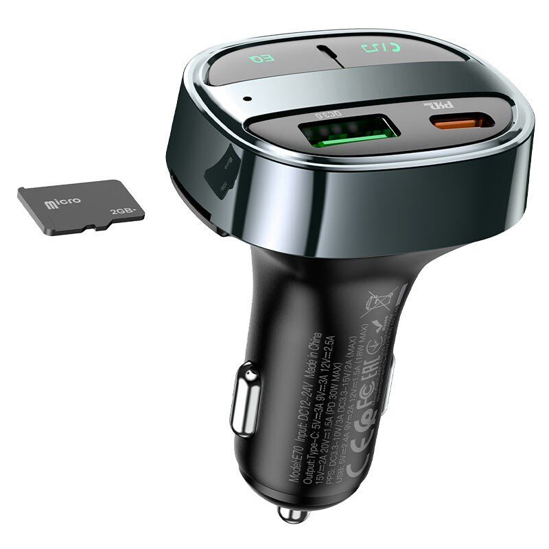 FM трансмітер HOCO E70 Bluetooth з швидкою зарядкою USB-C PD 30W + 1USB QC3.0 18W + 1USB FLASH з гучним зв'язком, magic night