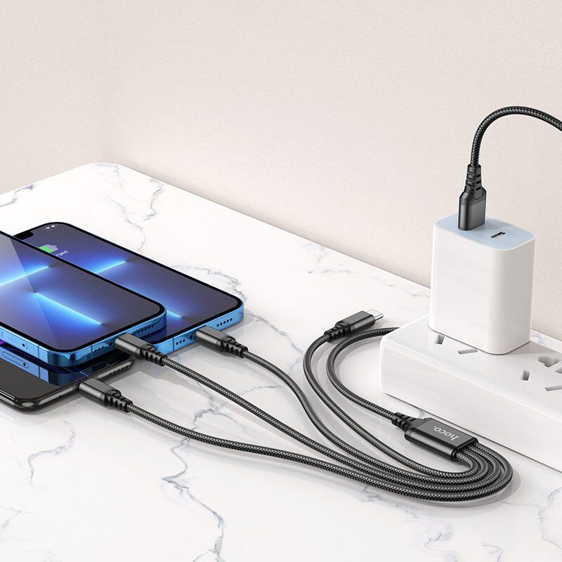 USB КАБЕЛЬ HOCO X76 4в1: Lightning*2/Micro/Type-C, ЧОРНИЙ