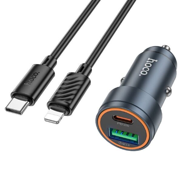 Автомобільний зарядний пристрій HOCO Z57A PD 30W + QC3.0 кабель TYPE-C - LIGHTNING, сірий