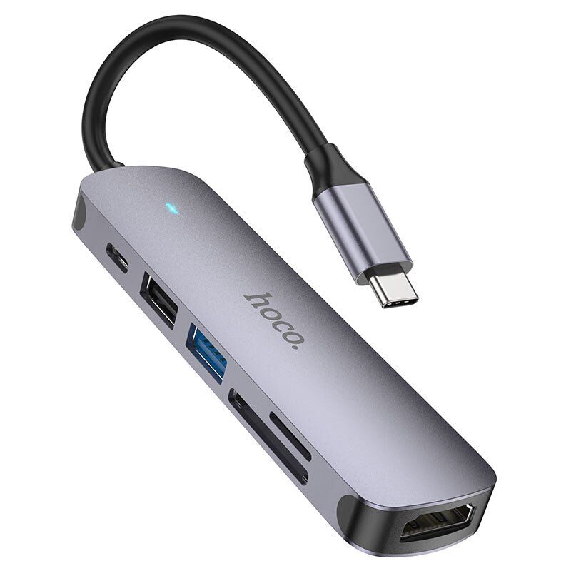 Адаптер HOCO HB28 Type-C 100W 6в1 (HDMI, SD/TF card, USB 2.0, USB 3.0, TYPE-C) 13см, сірий