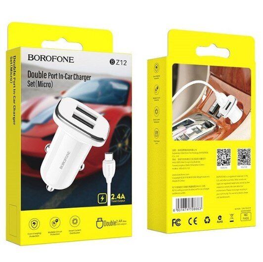 Автомобільний зарядний пристрій Borofone BZ12 2USB 2.4A + кабель USB - Type-C, білий