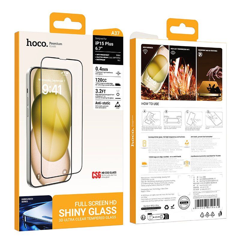 Скло для телефону HOCO A37 Unbounded series 3D curved surface HD APPLE iPhone 14 PRO MAX  | 15 PLUS | 16 PLUS 6,7"