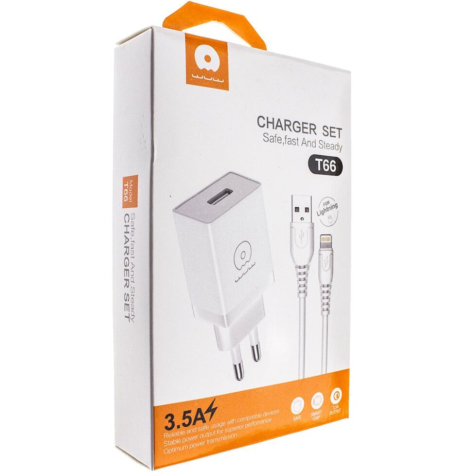 Мережевий зарядний пристрій WUW T66 2A + USB кабель Lightning