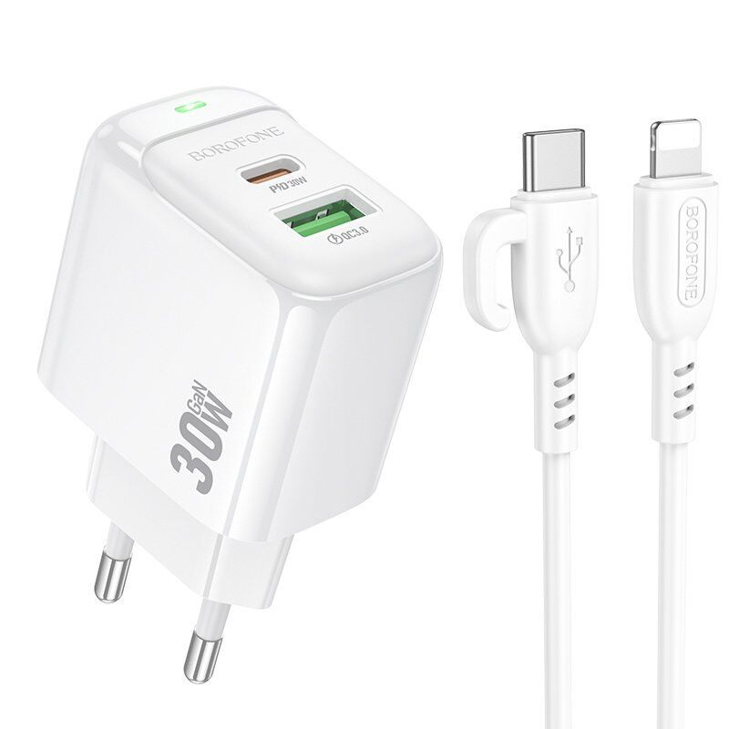 Мережевий зарядний пристрій BOROFONE BAS45A TYPE-C PD 30W / USB QC3.0 + кабель TYPE-C - LIGHTNING, білий