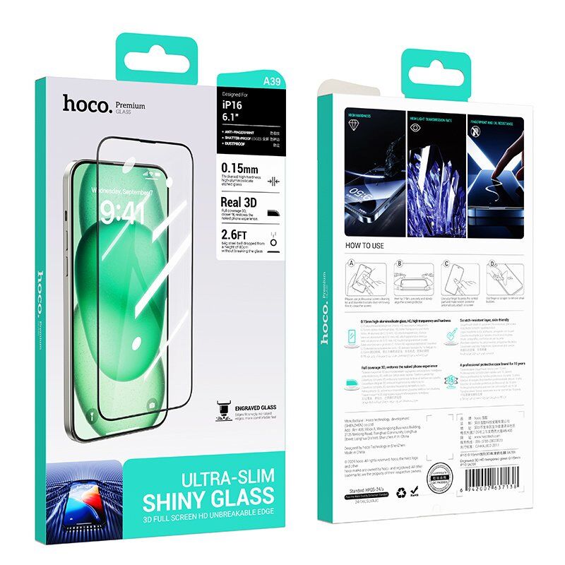 Скло для телефону HOCO A39 Engraved 3D HD 0.15mm APPLE iPhone 14 PRO | iPhone 15 | iPhone 16 6.1"