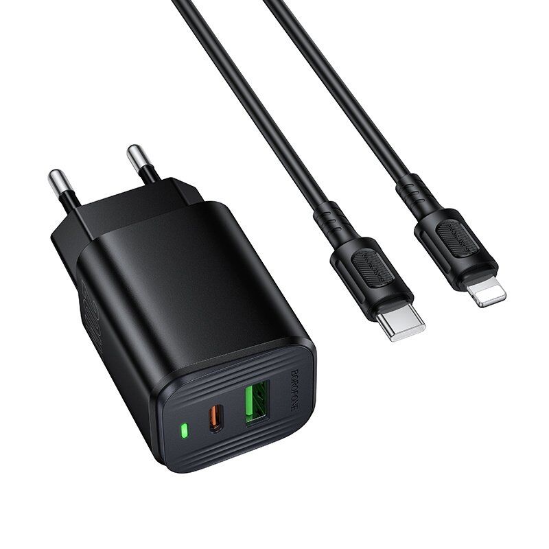 Мережевий зарядний пристрій BOROFONE BAS83A TYPE-C PD 20W / USB QC3.0 + кабель TYPE-C - LIGHTNING, чорний