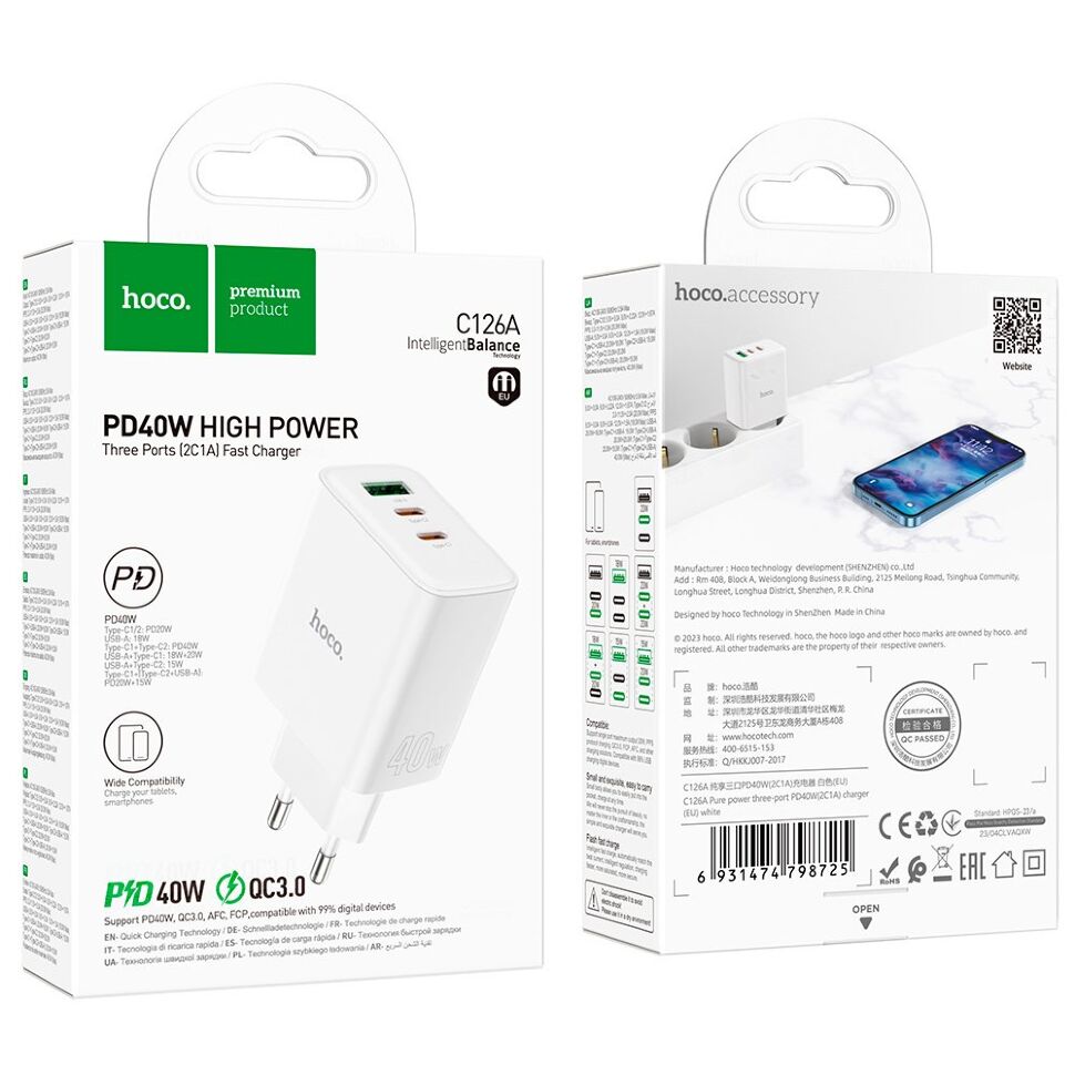 Мережевий зарядний пристрій HOCO C126A 2*TYPE-C PD 40W + QC3.0, БІЛИЙ