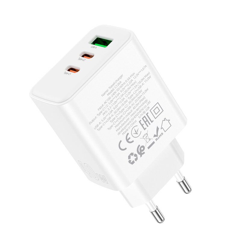 Мережевий зарядний пристрій HOCO C126A 2*TYPE-C PD 40W + QC3.0, БІЛИЙ