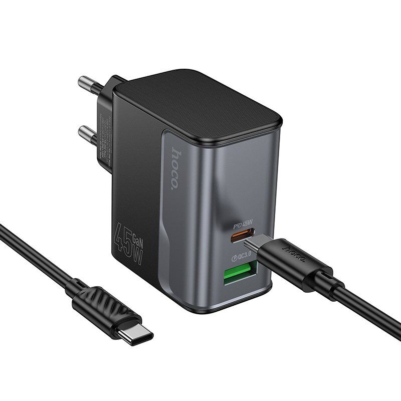 Мережевий зарядний пристрій HOCO CS74A TYPE-C PD 45W + USB QC 3.0 + КАБЕЛЬ TYPE-C - TYPE-C, чорний