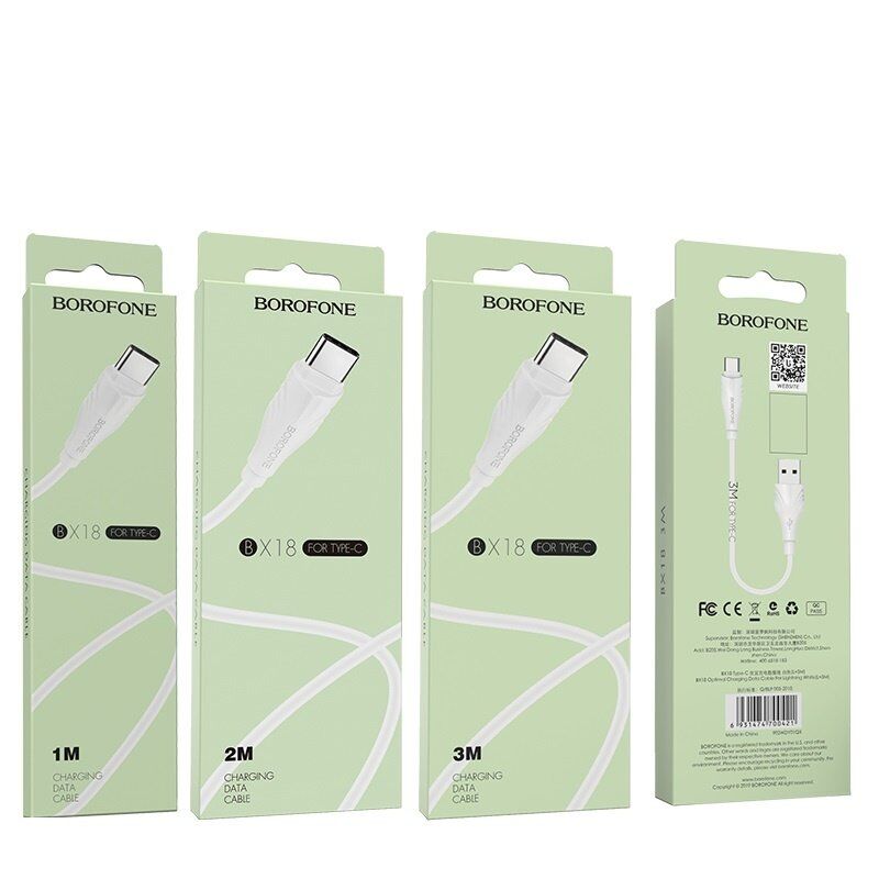 USB кабель BOROFONE BX18 charging data 3А USB - Type-C 1 метр, бiлий
