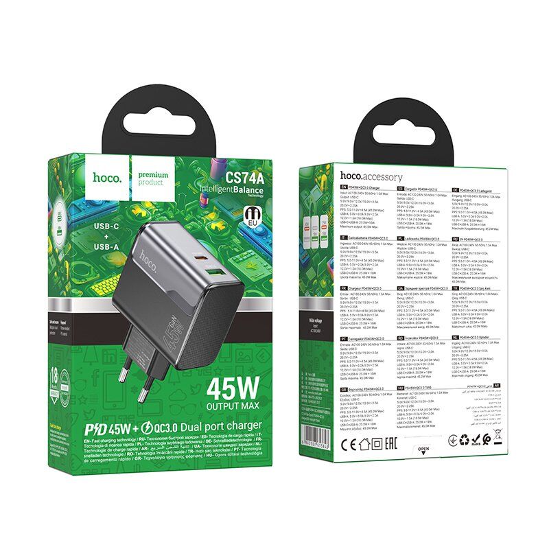 Мережевий зарядний пристрій HOCO CS74A TYPE-C PD 45W + USB QC 3.0, чорний