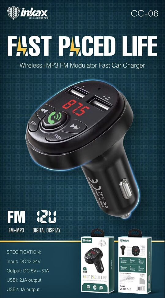 FM модулятор INKAX CC-06 2 USB 3.1A Bluetooth з гучним зв'язком