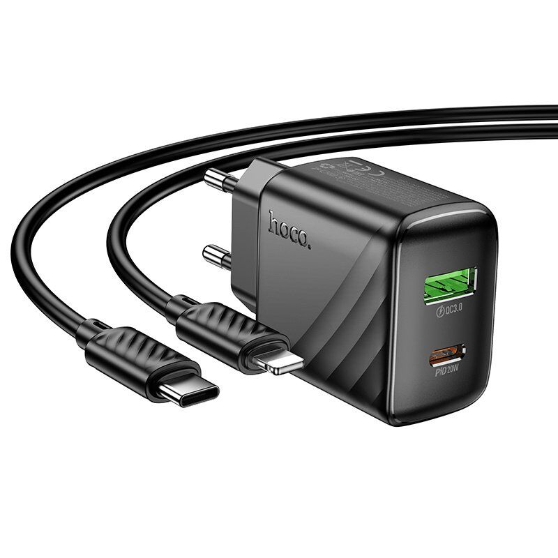 Мережевий зарядний пристрій HOCO CS25A TYPE-C PD 20W + USB QC3.0 + КАБЕЛЬ TYPE-C - LIGHTNING, чорний