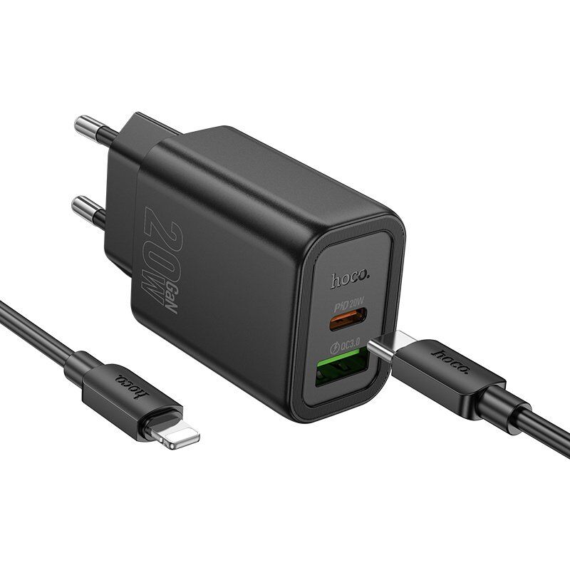 Мережевий зарядний пристрій HOCO N61 Gentle TYPE-C PD 20W / USB QC 3.0 + кабель TYPE-C - LIGHTNING, чорний