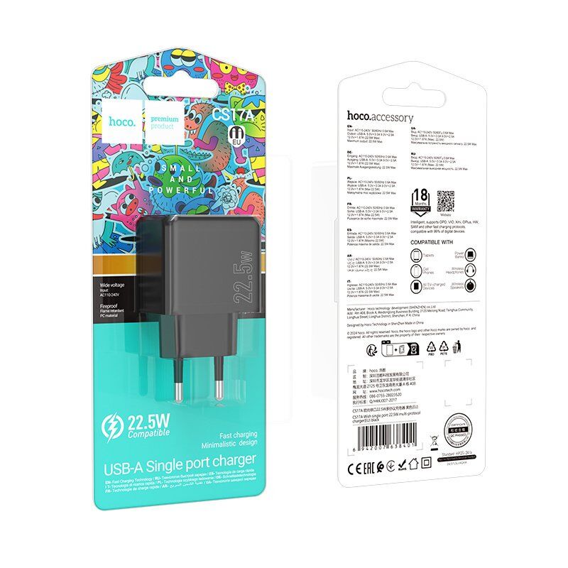 Мережевий зарядний пристрій Hoco CS17A Wish 22,5 Вт USB, чорний