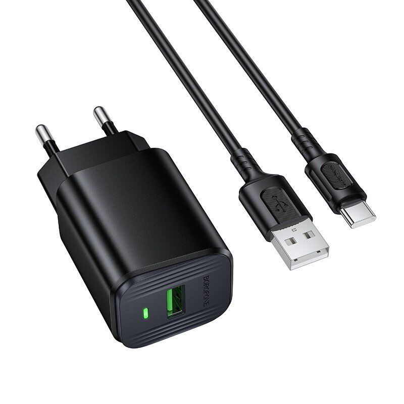 Мережевий зарядний пристрій BOROFONE BAS82A USB QC3.0 + кабель USB - TYPE-C, чорний