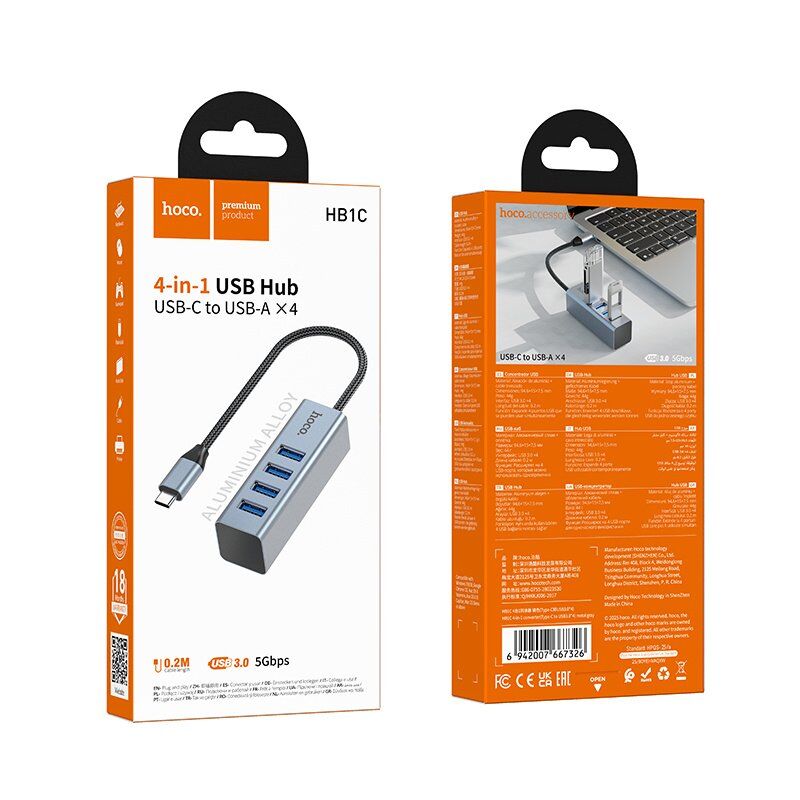 USB HUB HOCO HB1C 4in1 (Type-C to USB 3.0*4), сірий