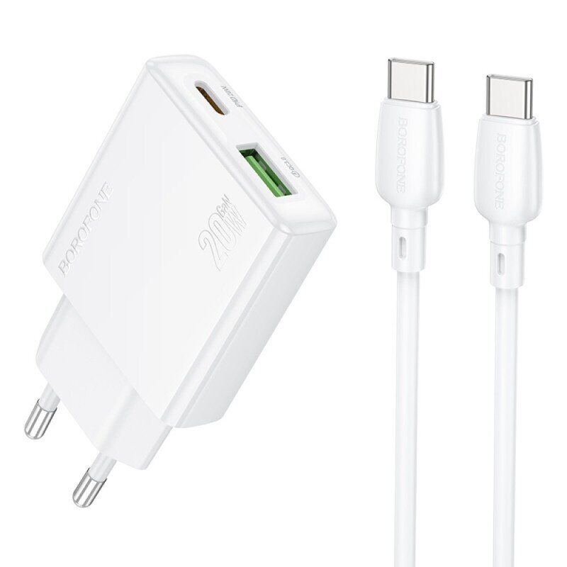 Мережевий зарядний пристрій BOROFONE BN24 TYPE-C PD 20W / USB QC3.0 + кабель TYPE-C - TYPE-C, білий
