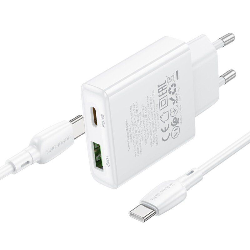 Мережевий зарядний пристрій BOROFONE BN24 TYPE-C PD 20W / USB QC3.0 + кабель TYPE-C - TYPE-C, білий
