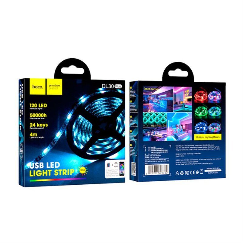 HOCO DL30 PLUS світлодіодна RGB стрічка, 4м з дистанційним пультом керування, чорний