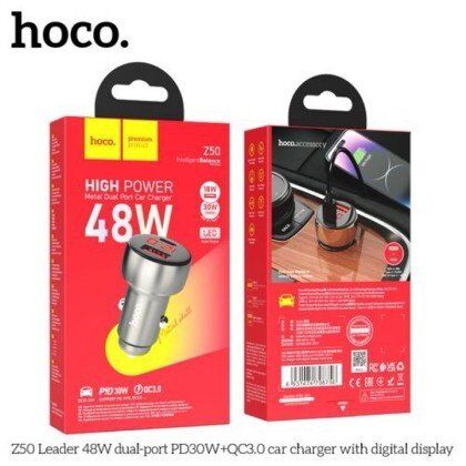 Автомобільний зарядний пристрій HOCO Z50 Leader 48W PD + QC3.0 з цифровим дисплеєм, сірий (metal gray)